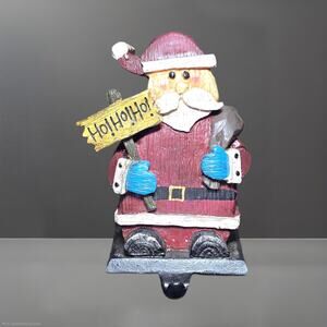 Vintage Hand-Carved Wood Santa Claus Stocking Holder with Cast Iron Base